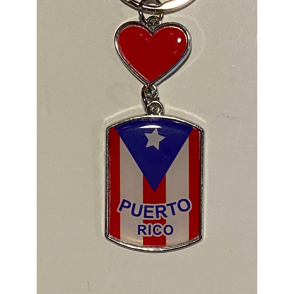 Puerto Rico Flag Keychain with Small Heart Multicolor Metal Key Ring Accessory